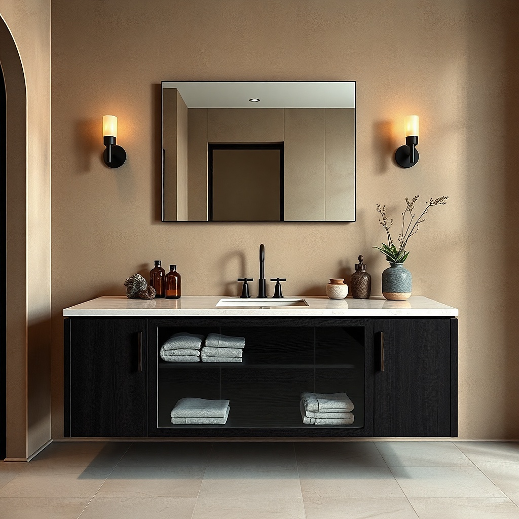 Black wood-look bathroom vanity with clear glass side panels