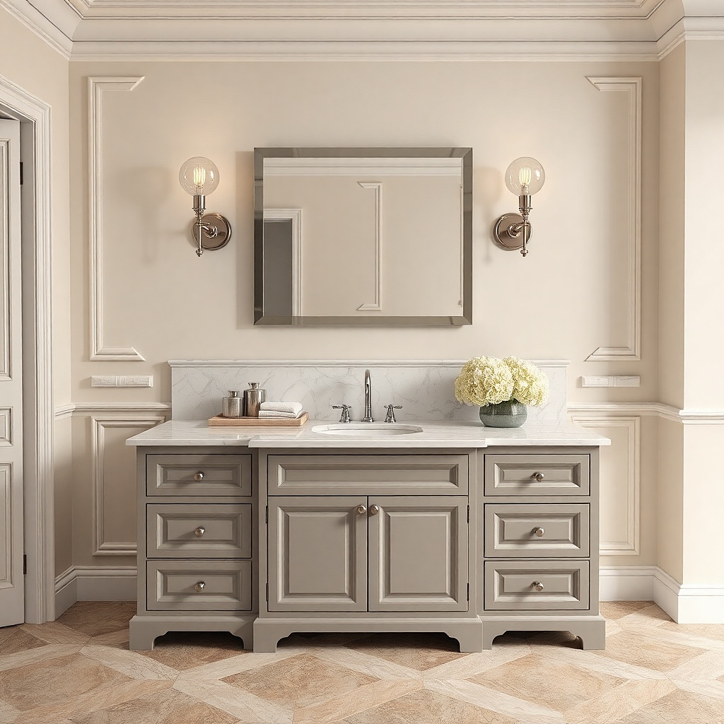 White raised-panel bathroom vanity with marble-effect countertop