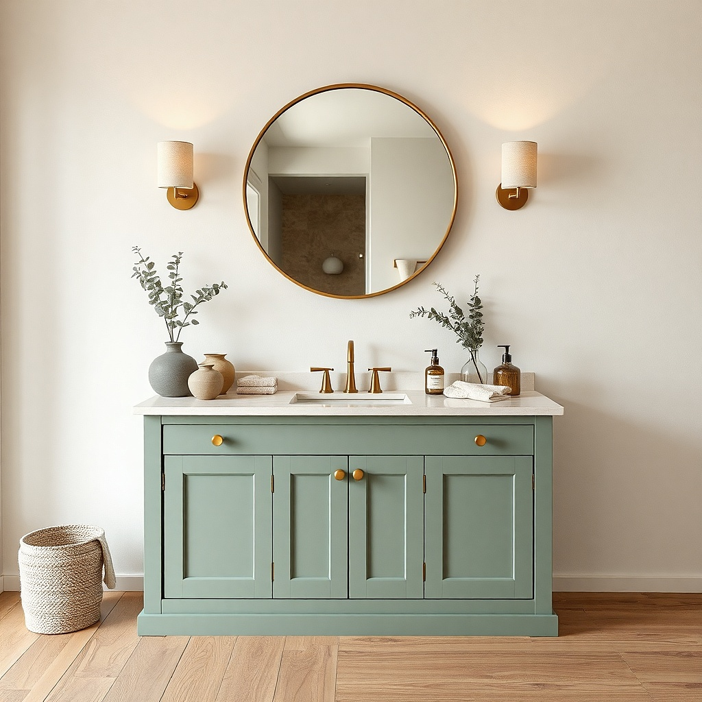 Matte sage green bathroom vanity with off-white countertop and brass knobs