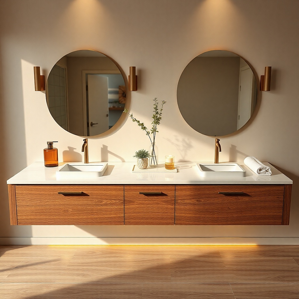 Two-sink bathroom vanity with long drawers below and matching cabinet fronts