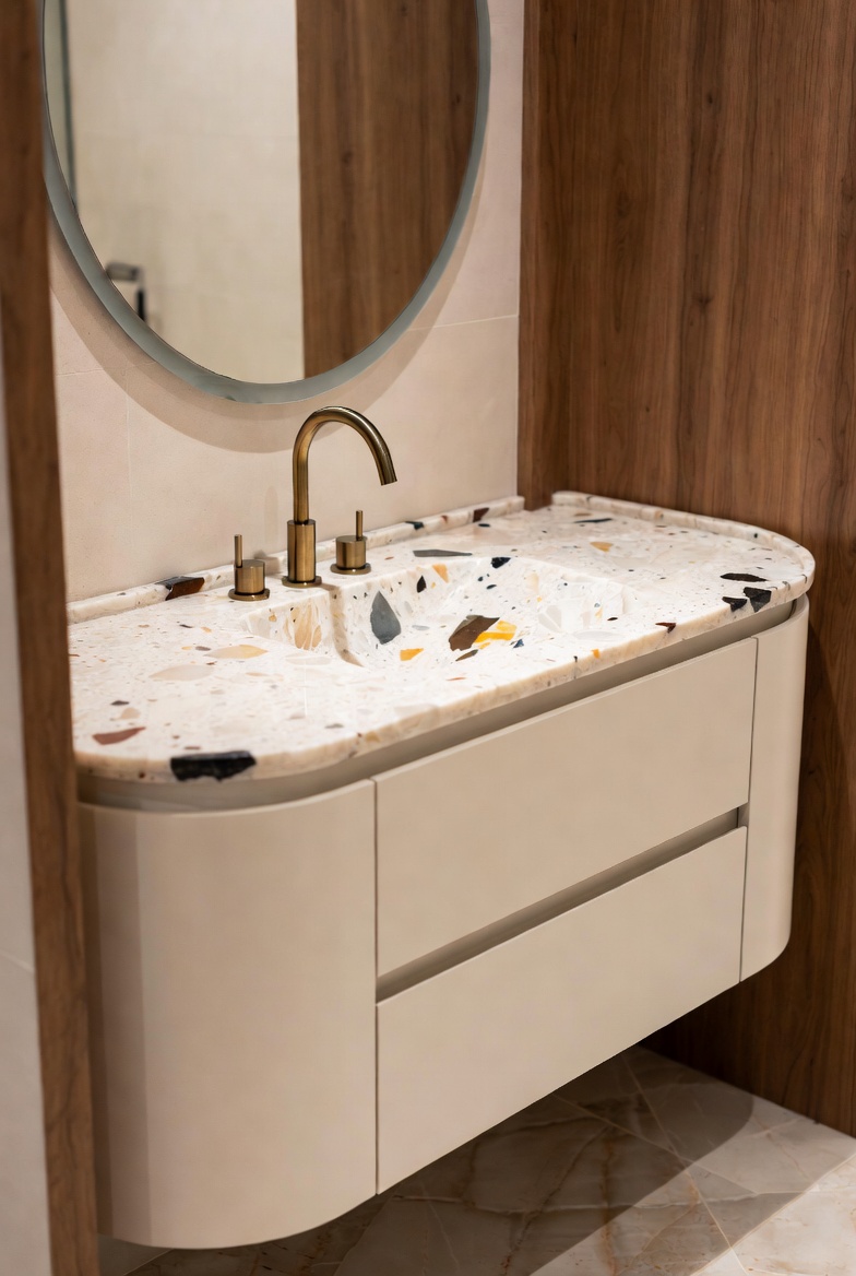 Cream bathroom vanity with terrazzo-effect countertop