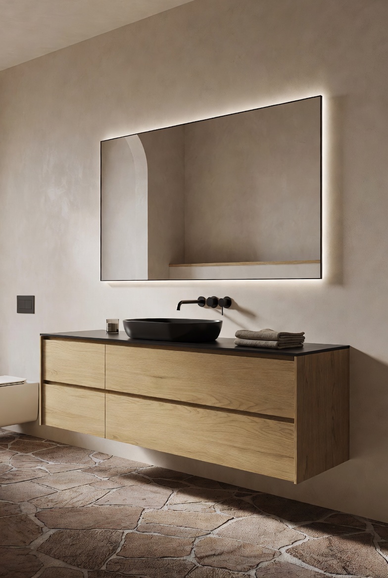 Pale oak bathroom vanity with black countertop and a vessel sink