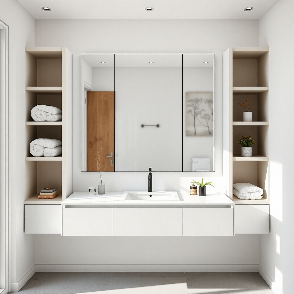 White floating bathroom vanity with recessed side shelves