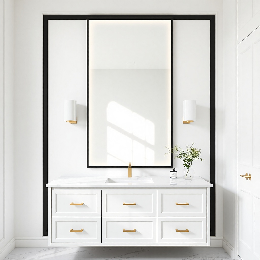 Matte white bathroom vanity with black mirror frame and matching lights