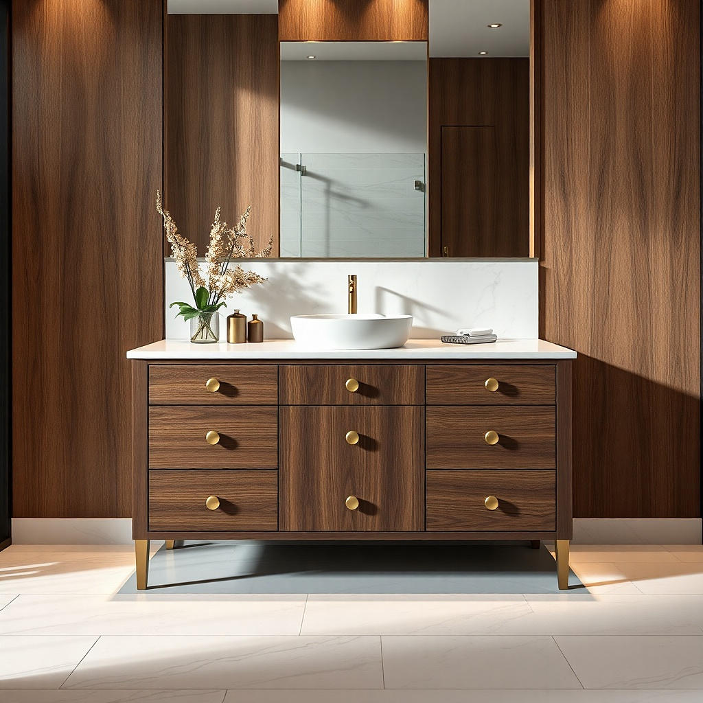 Walnut bathroom vanity with Carrara-style white countertop and round pulls