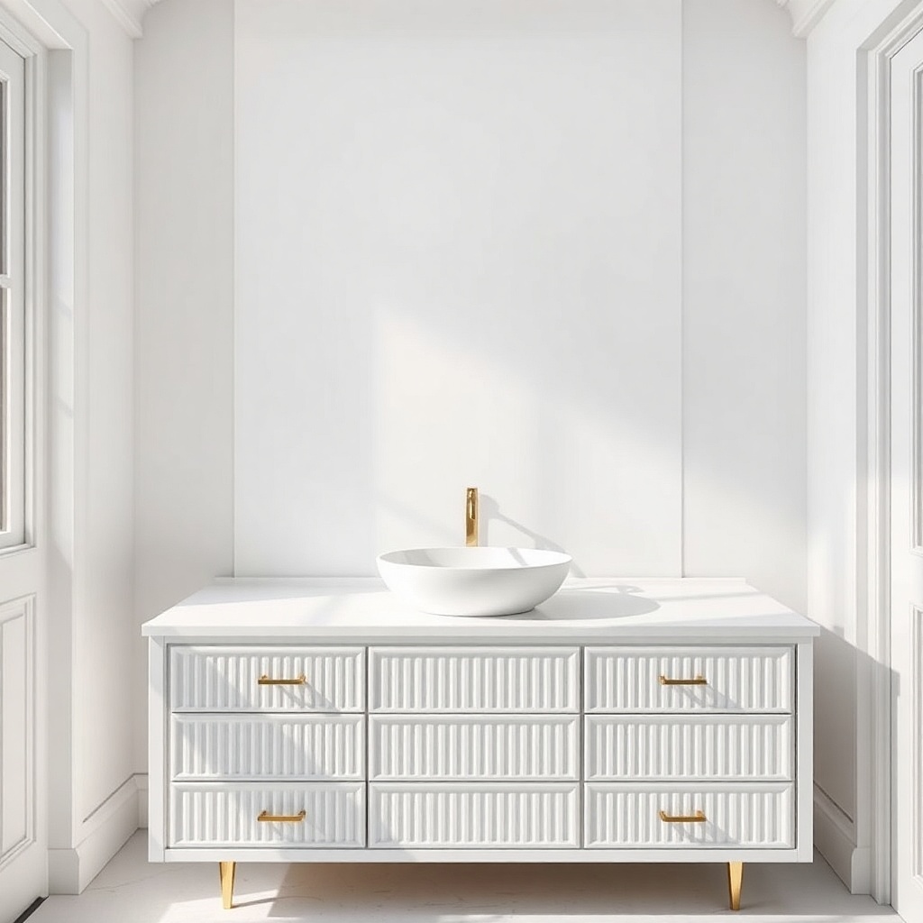 All-white bathroom vanity with fluted drawer front and a simple countertop