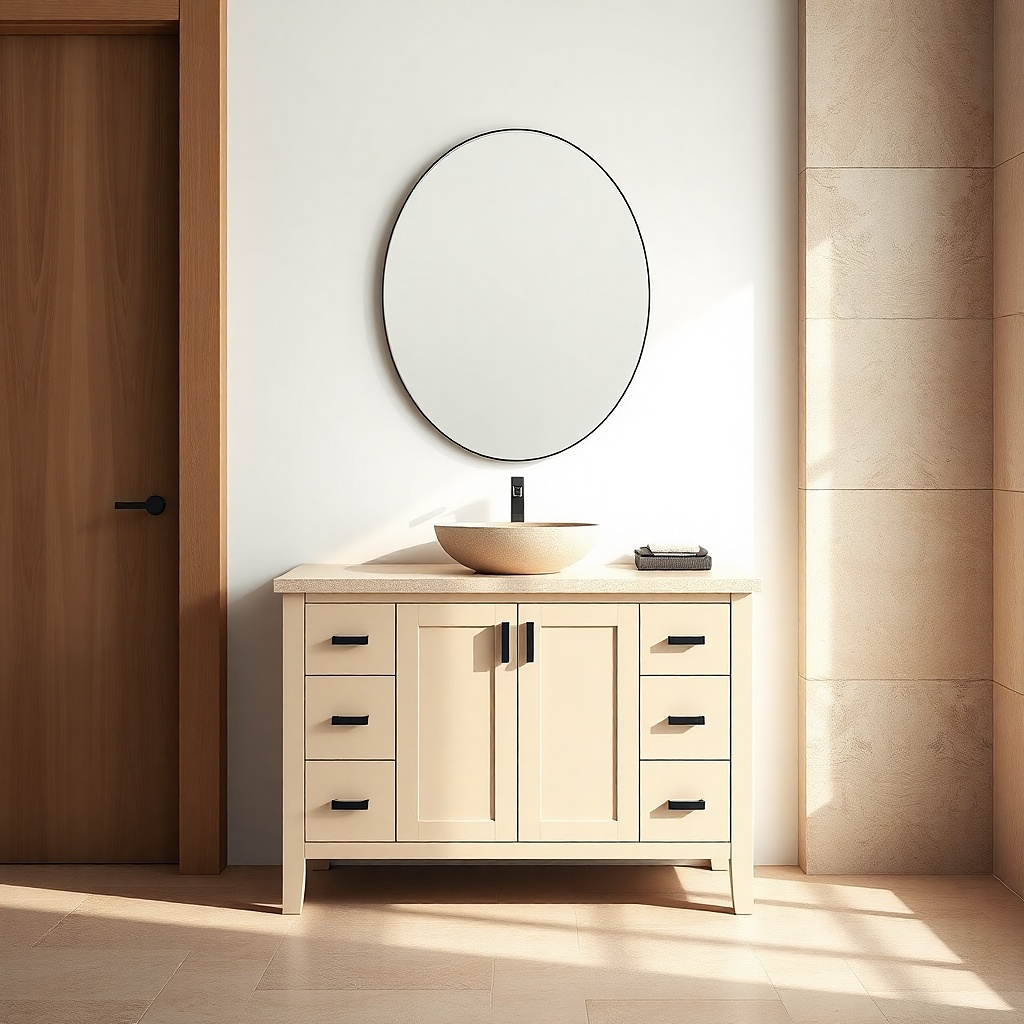 Warm white bathroom vanity with stone-look porcelain countertop