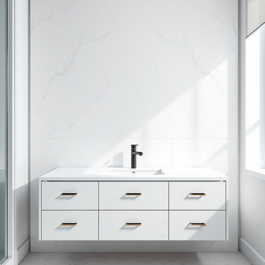 Matte white bathroom vanity with a patterned tile backsplash behind the sink