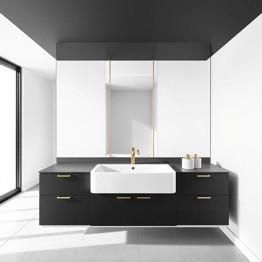 Black bathroom vanity with a streamlined countertop splash guard