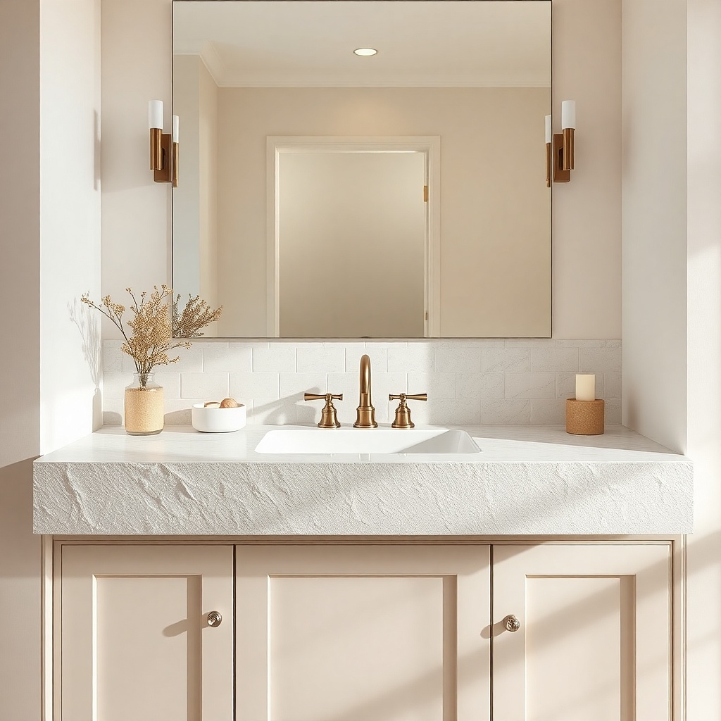 White bathroom vanity with textured stone-effect countertop and brass faucet
