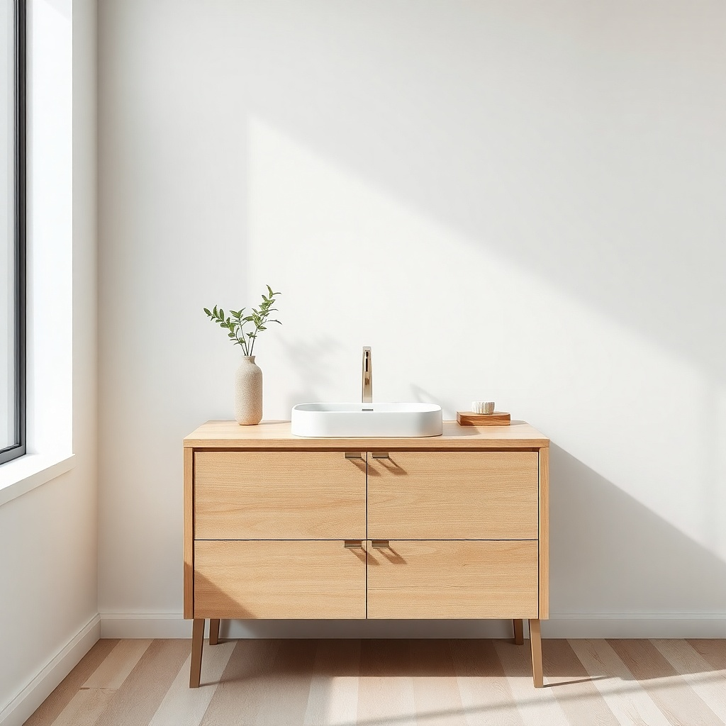 Walnut bathroom vanity with hidden pull-out waste bins inside