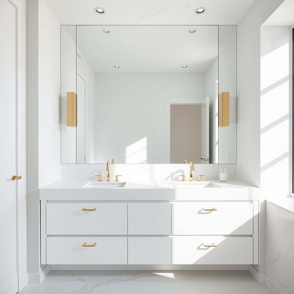 White bathroom vanity with a full-height backsplash panel behind the mirror