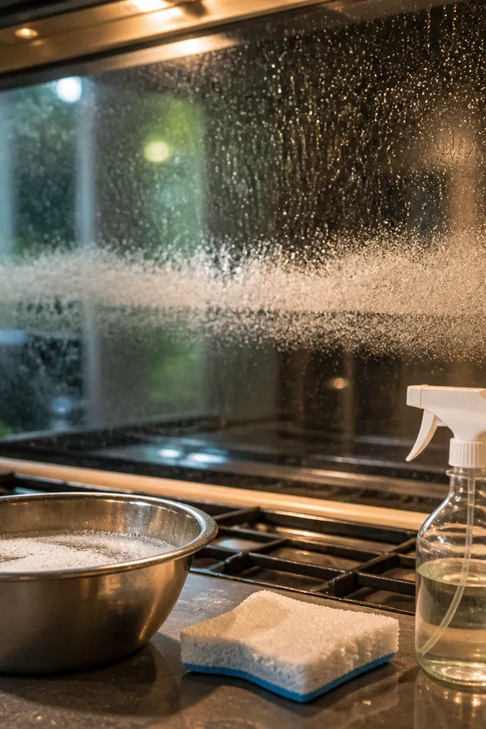 Clean window glass with no cloudy streaks above a kitchen counter