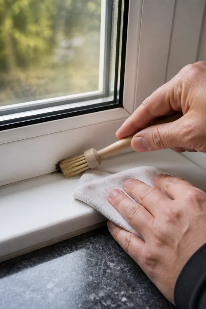 Window corner seam cleaned with brush marks removed