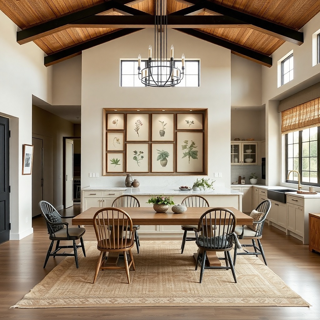 Three black frames in a row above a dining table with cream art