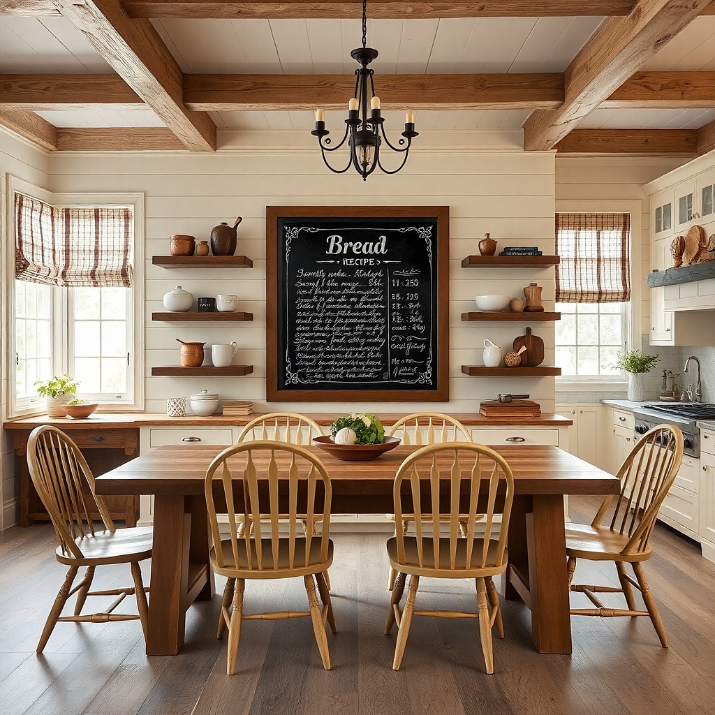 Warm wood frame holding a chalkboard-style recipe print above a dining table