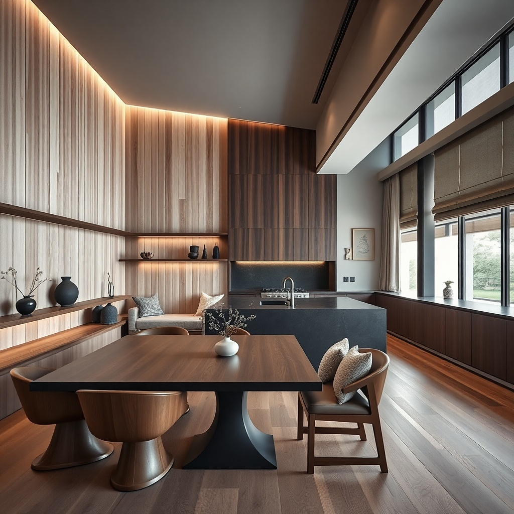 Vertical wood slats in two tones mounted on a dining wall