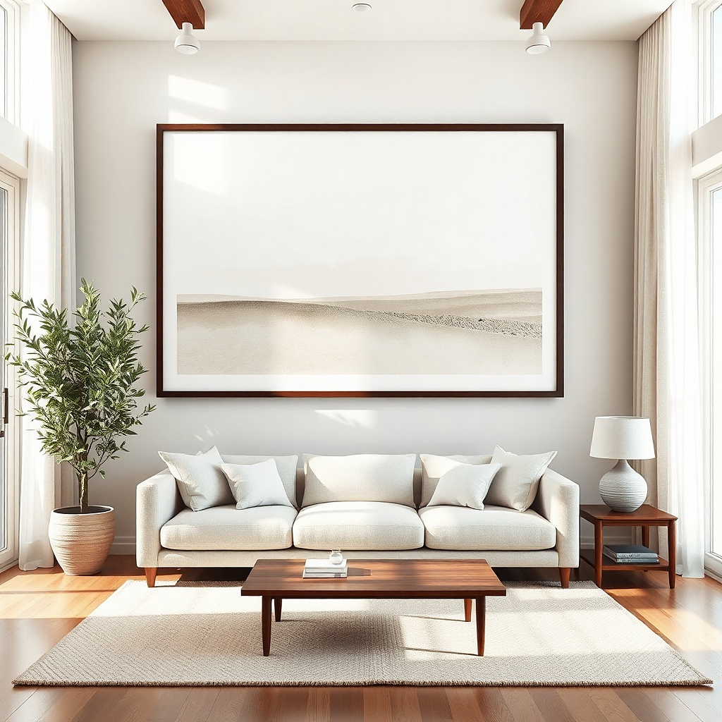 Large framed print above a sofa with a matte border and neutral tones