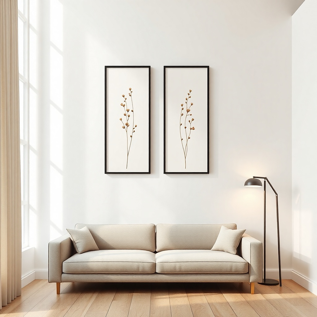 Two tall matching framed prints centered above a sofa