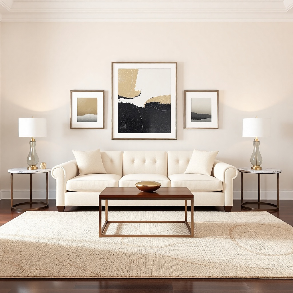 Three framed artworks arranged symmetrically above a sofa