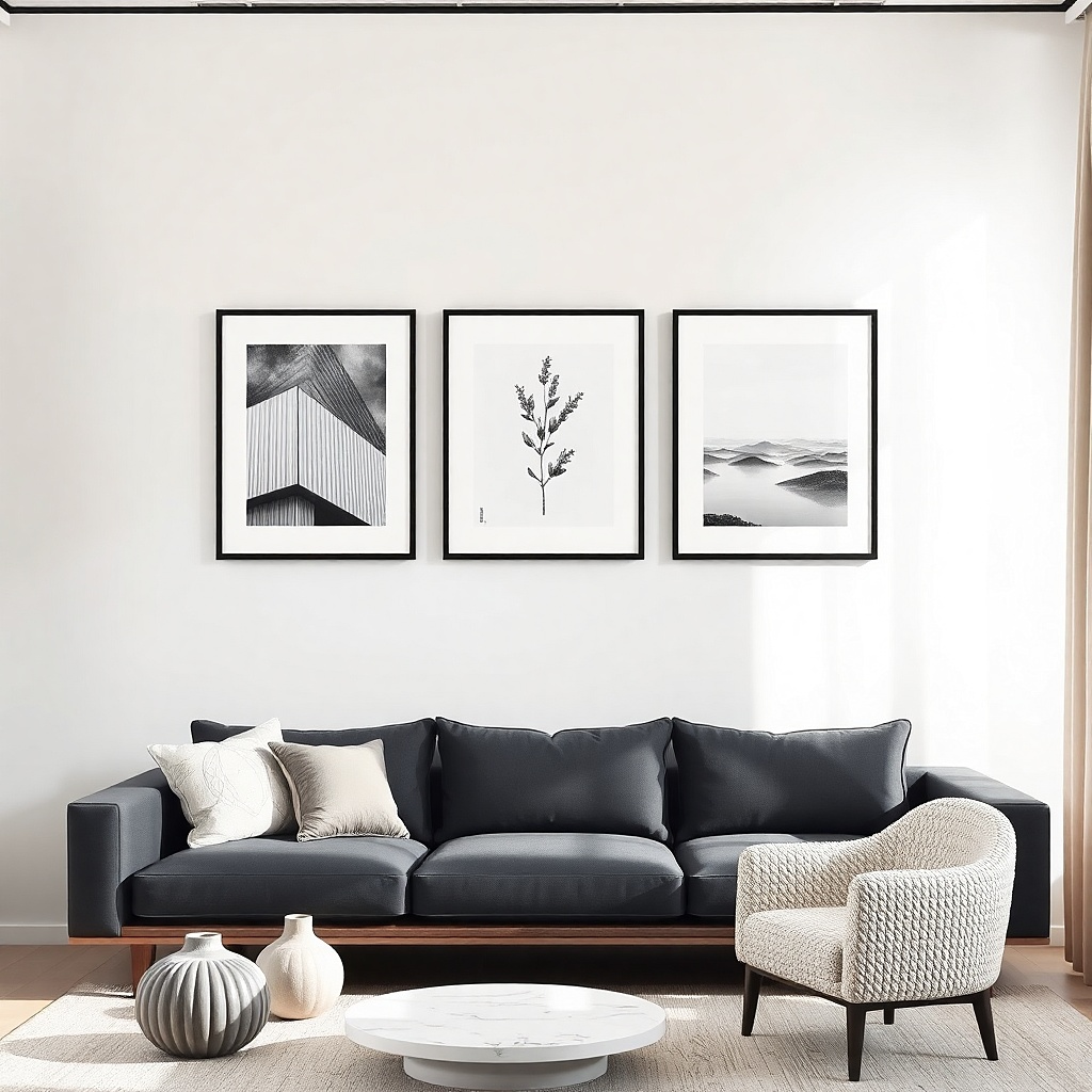 A neat grid of five small frames above a sofa