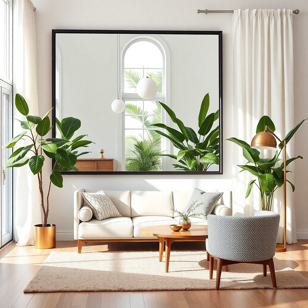 Large thin black framed mirror above a sofa