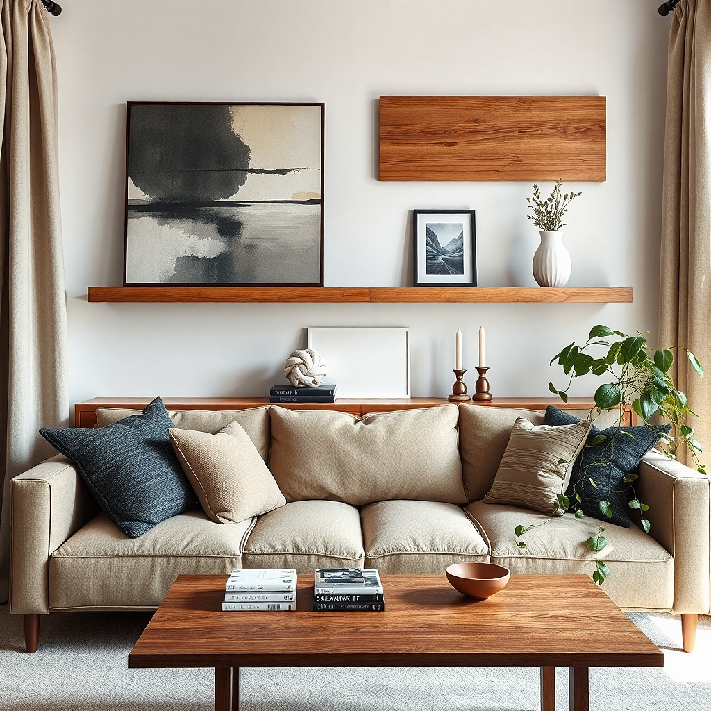 Floating shelves above a sofa with framed art and small decor