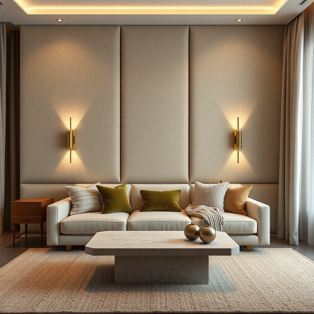 Fabric wall panel texture centered above a sofa with neutral decor