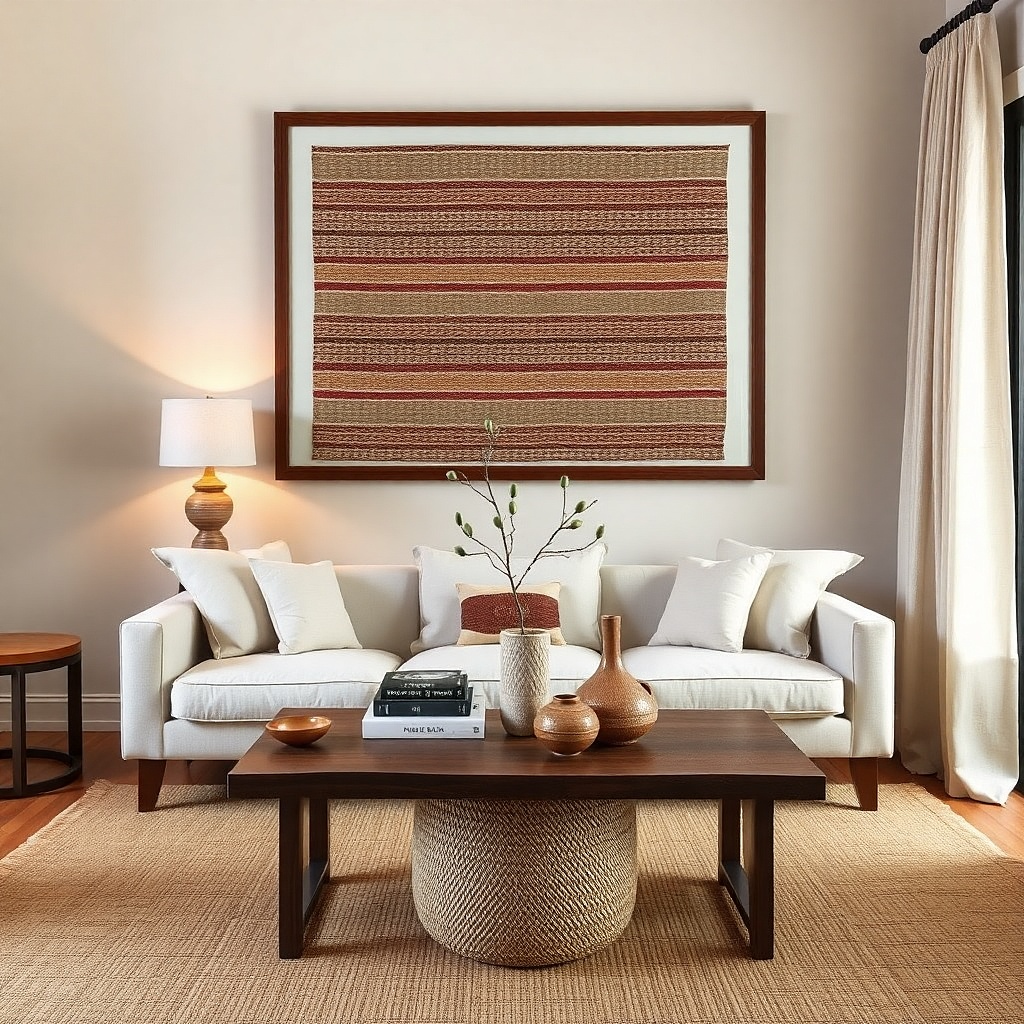 Framed textile artwork above a sofa in soft neutral colors
