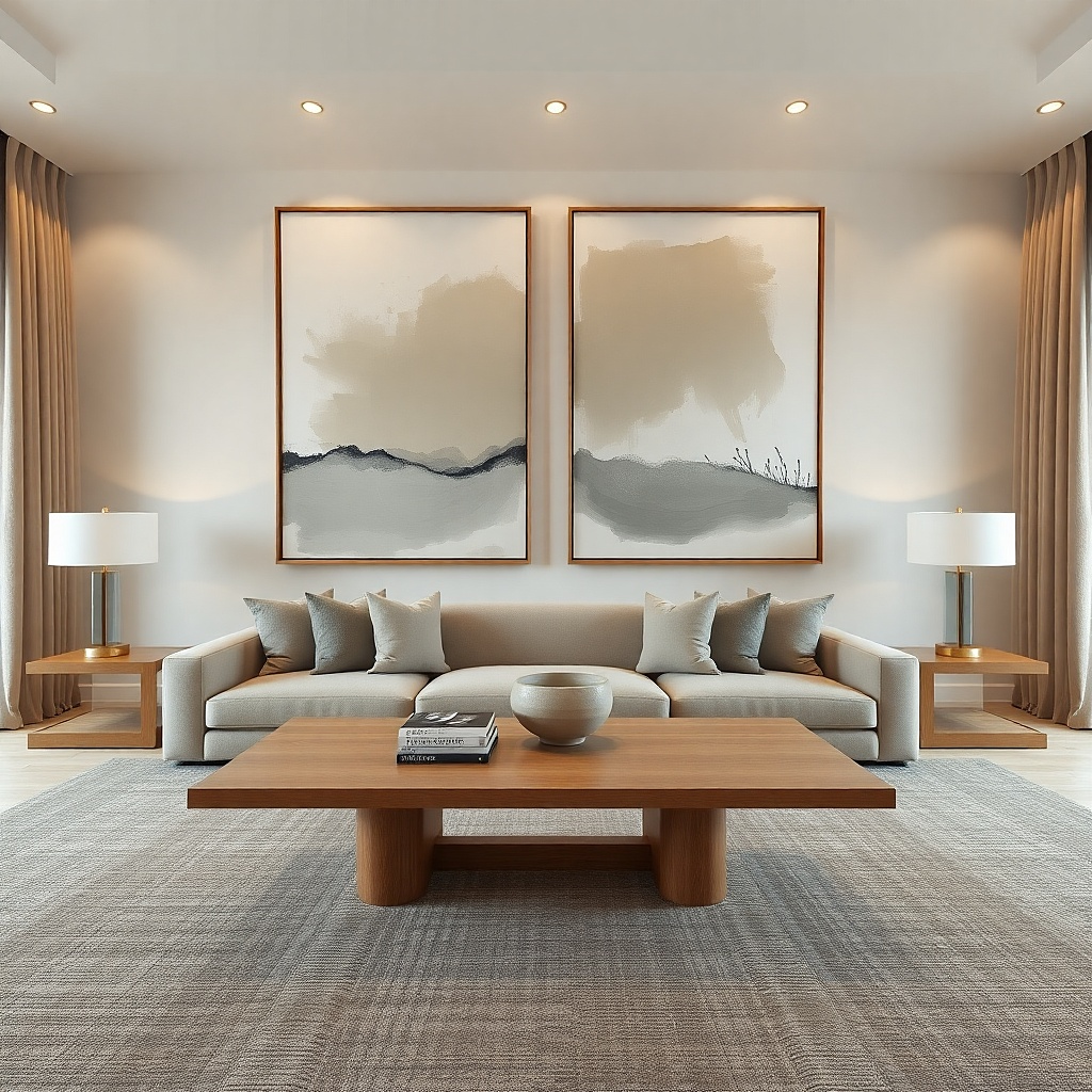 Two matching abstract panels above a sofa