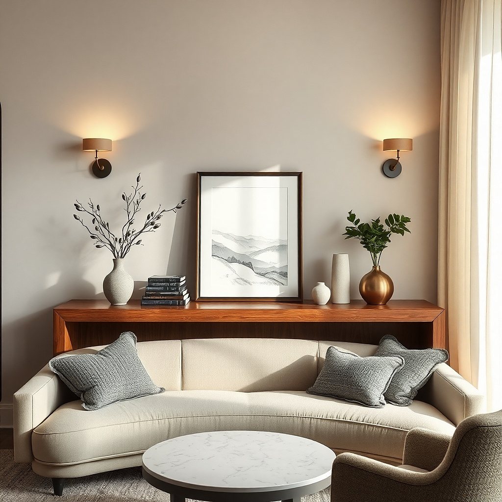 A floating ledge above a sofa with one large sculptural object