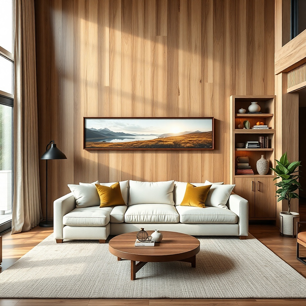 Warm wood slat wall art panel above a sofa