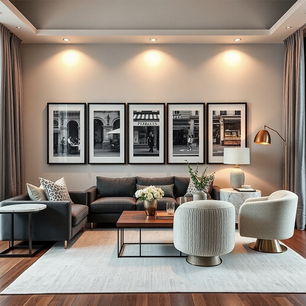A row of black and white framed photos above a sofa
