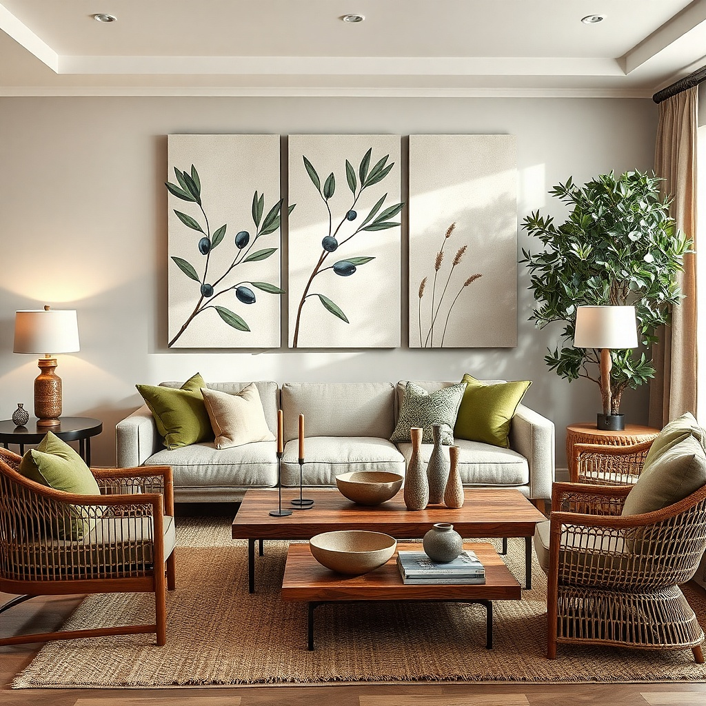 A bold wallpaper stripe panel behind a sofa with art centered above