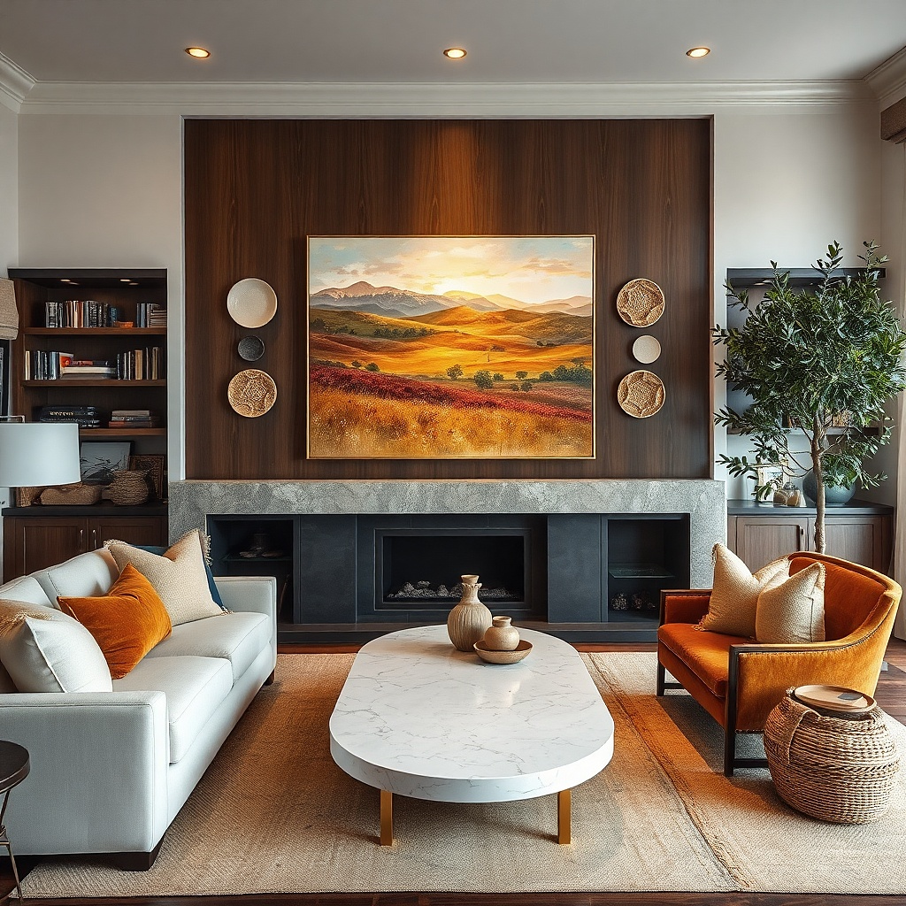 Color-block framed wall art above sofa in two tones