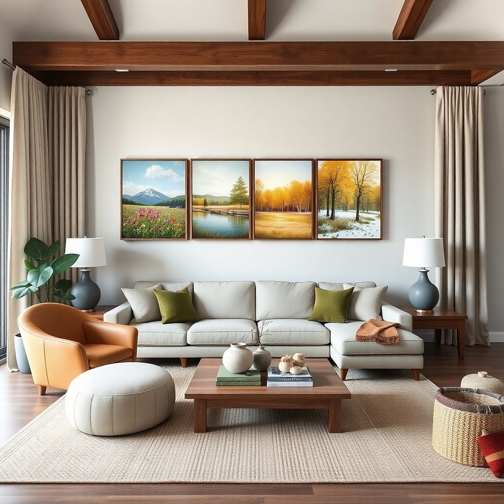 Botanical diptych prints in muted greens above sofa