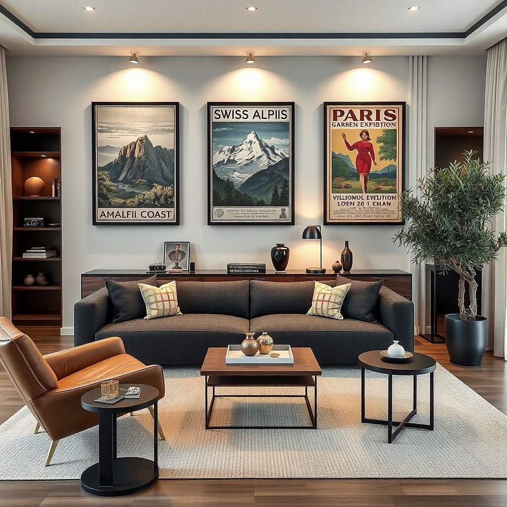 Large framed map-style artwork above sofa