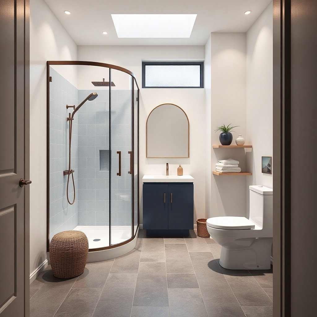 Corner neo-angle shower with a hinged glass door and tiled walls