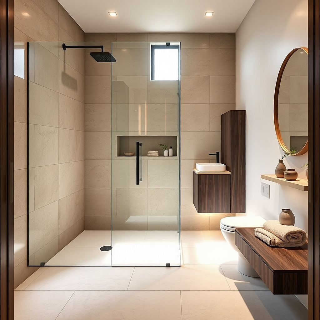 48-inch shower space with a pivot glass door and tiled walls