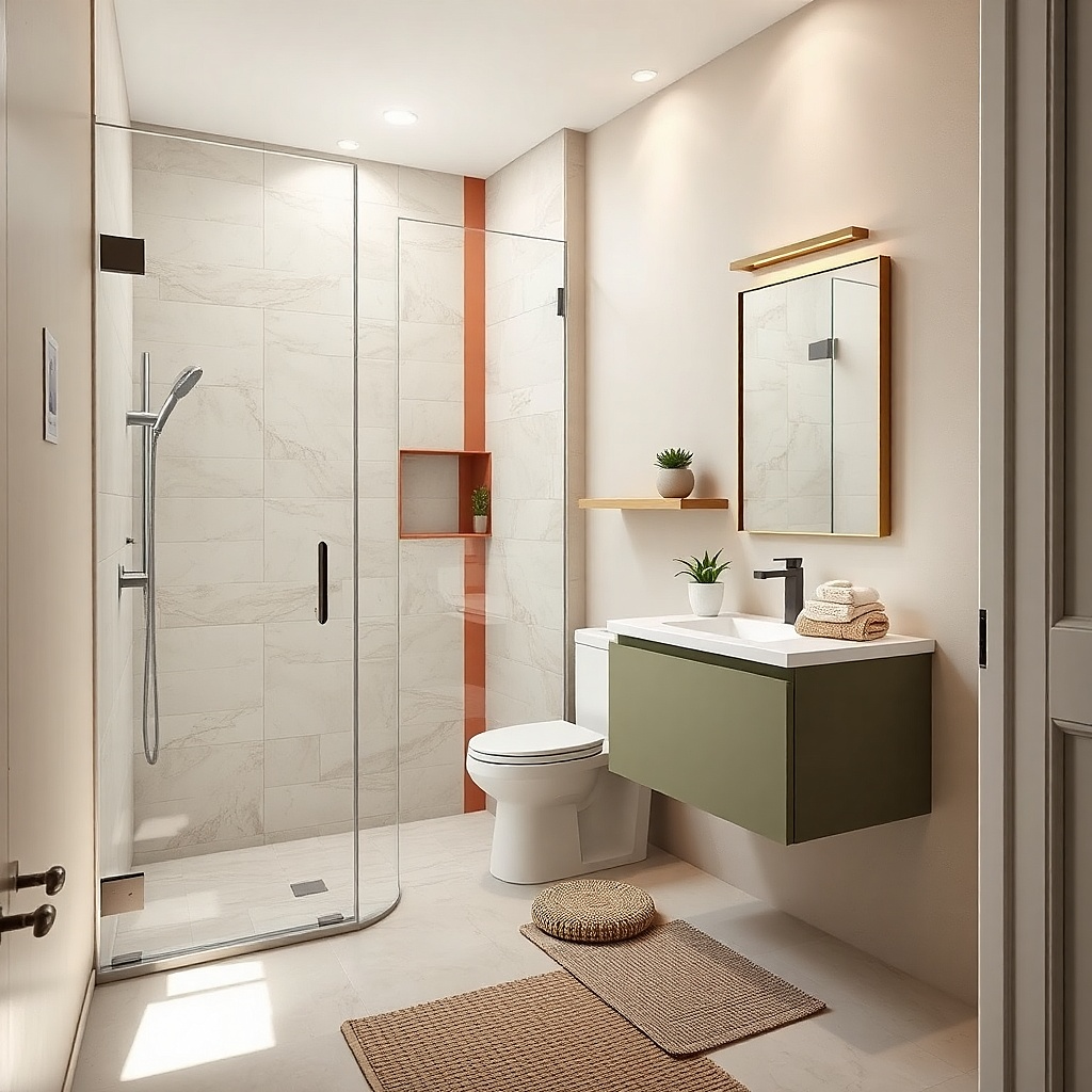 Square 36x36 shower with a frameless door positioned to reduce splash
