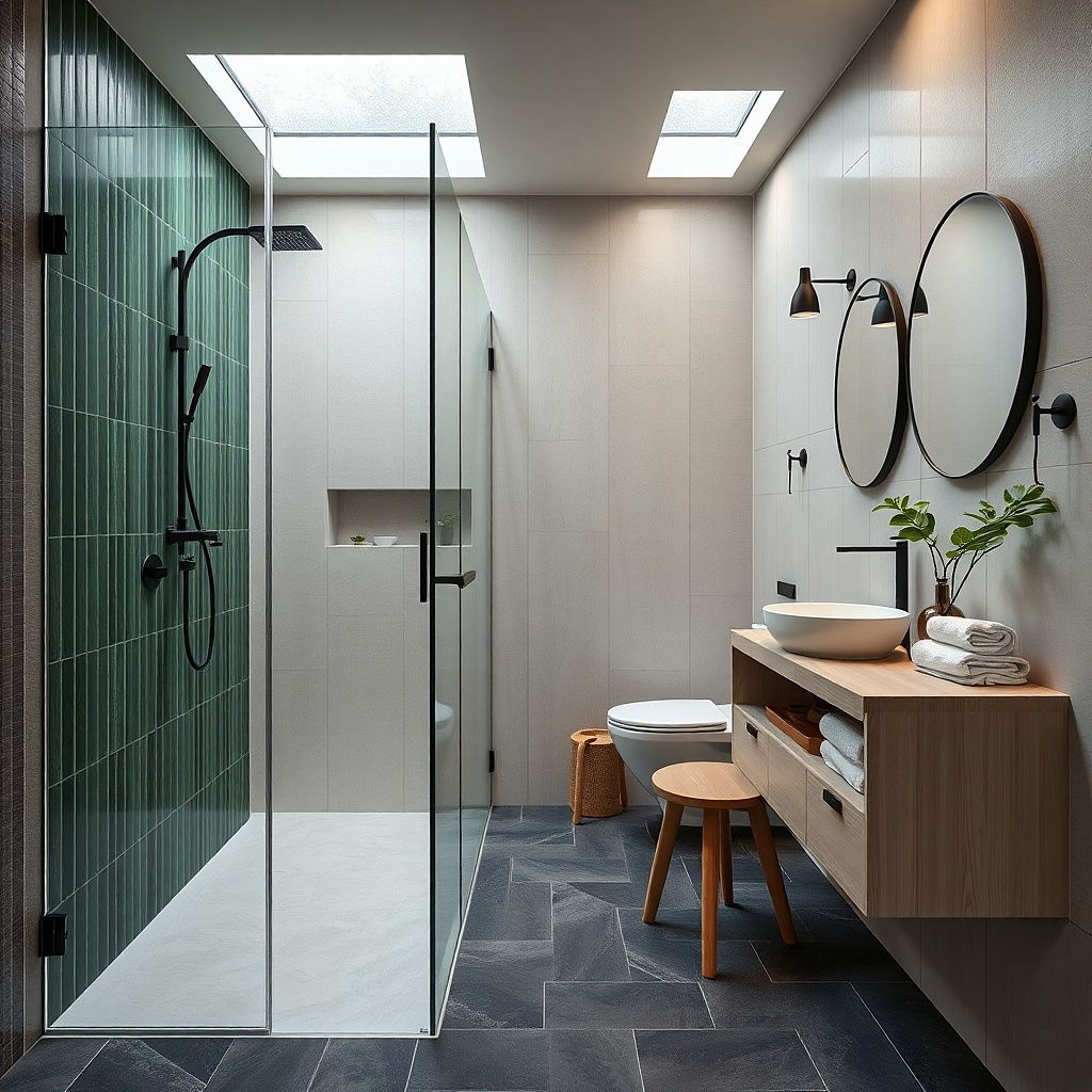 Small shower with a full-height fixed glass panel and tiled wet zone