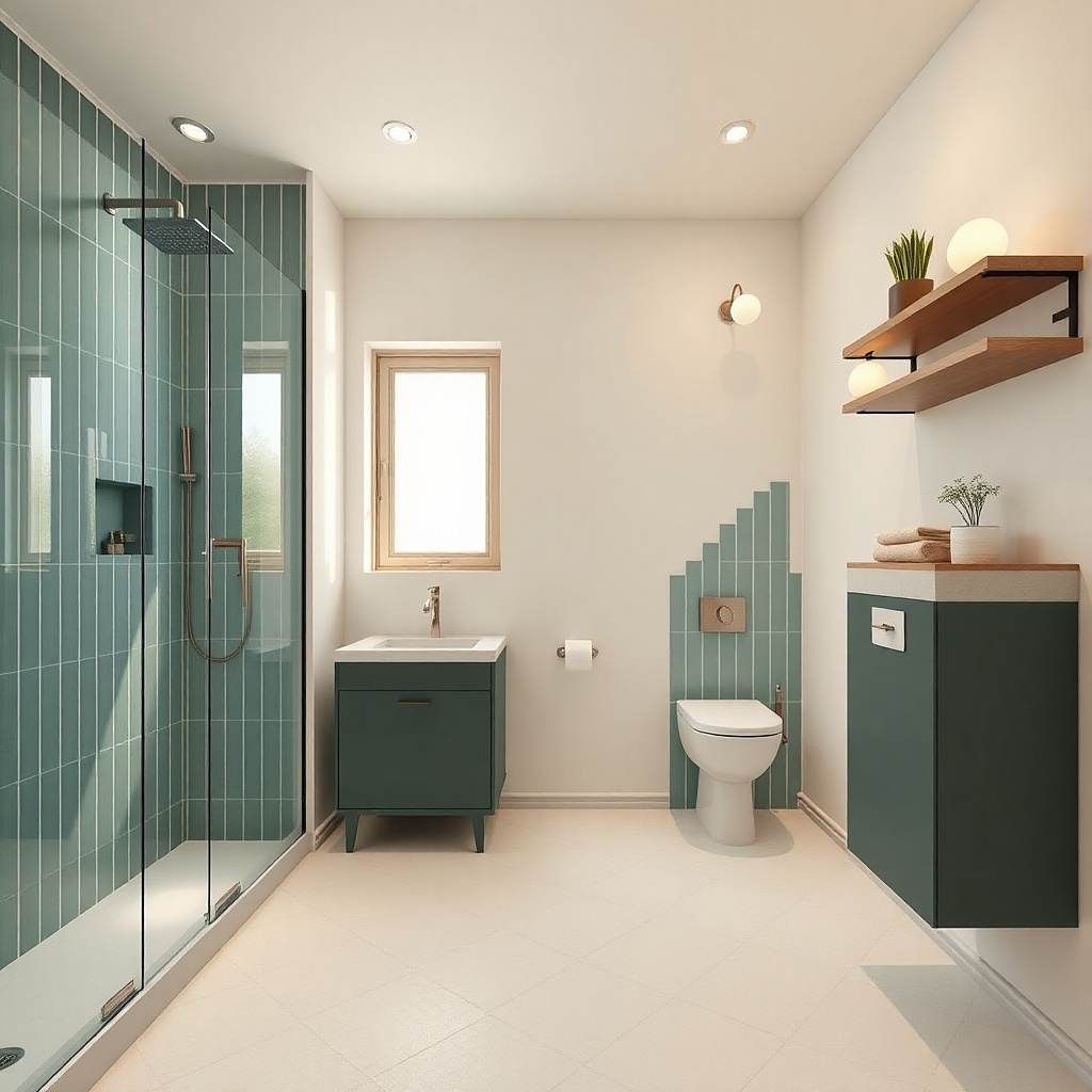 54-inch linear shower with hinged door aligned along the vanity wall