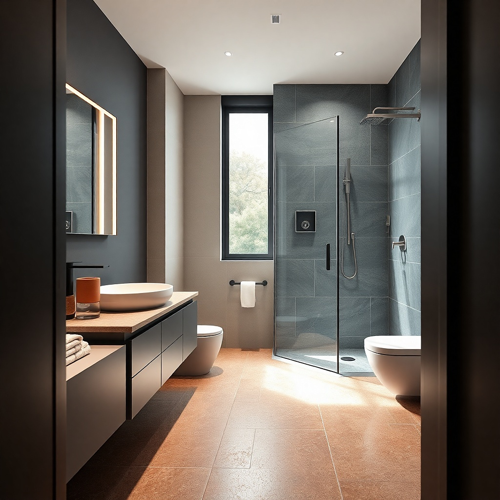 42-inch shower with an angled small wall panel protecting the toilet area