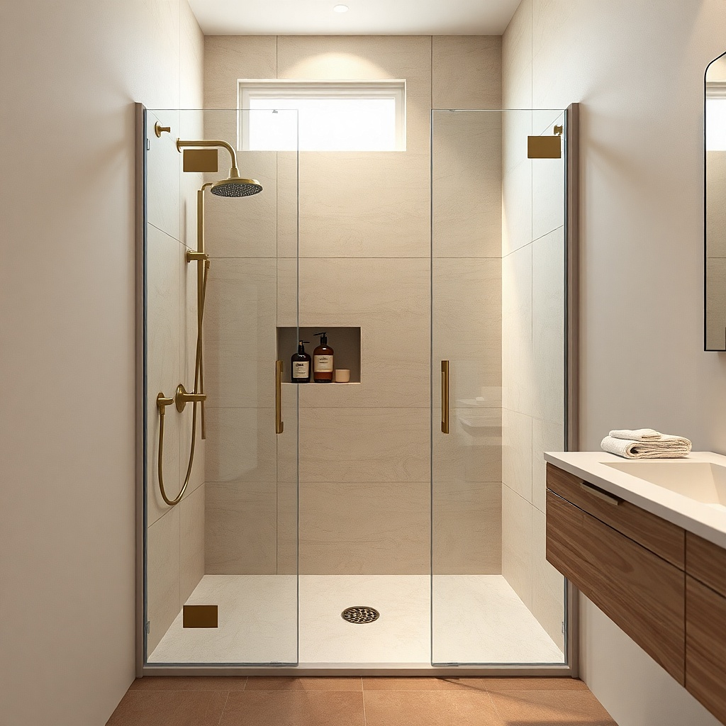 Small corner shower with clear glass and light tile walls