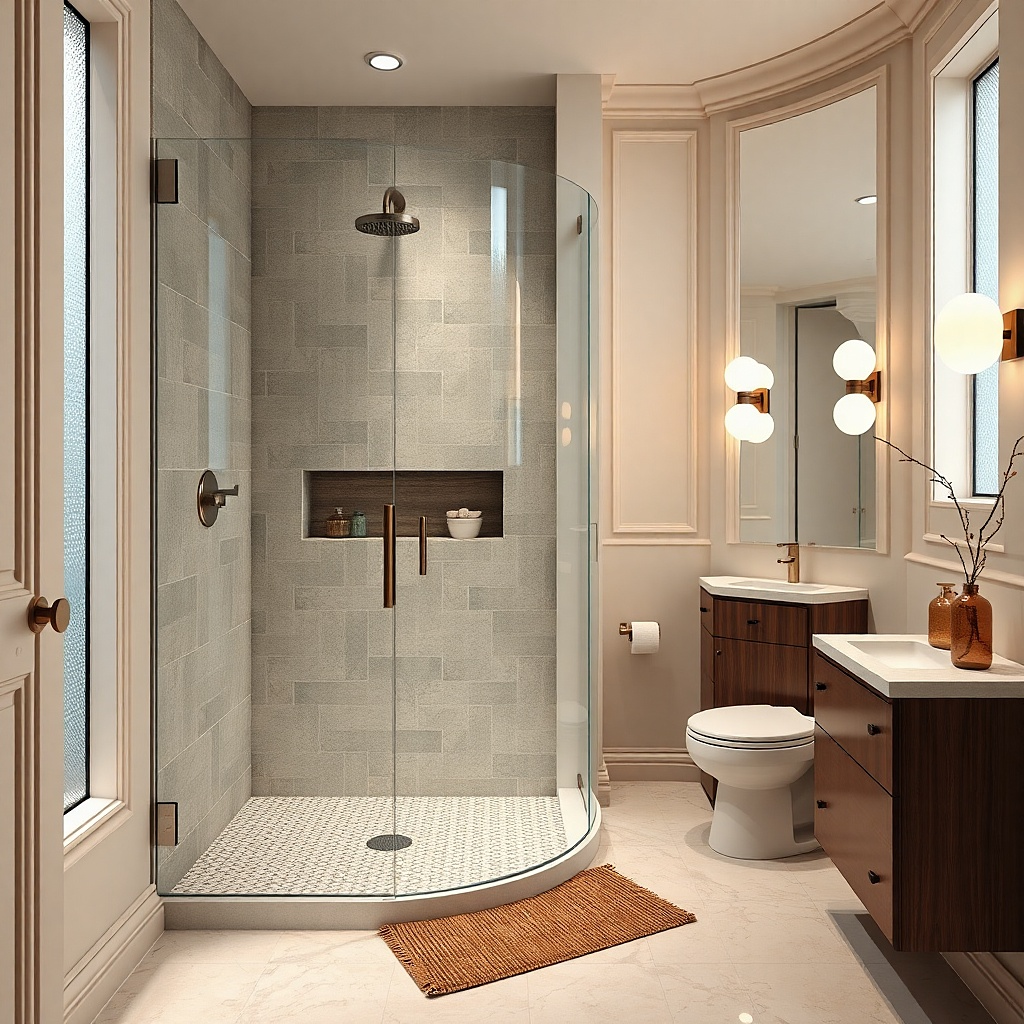 Corner shower with frameless glass door and light gray shower tile