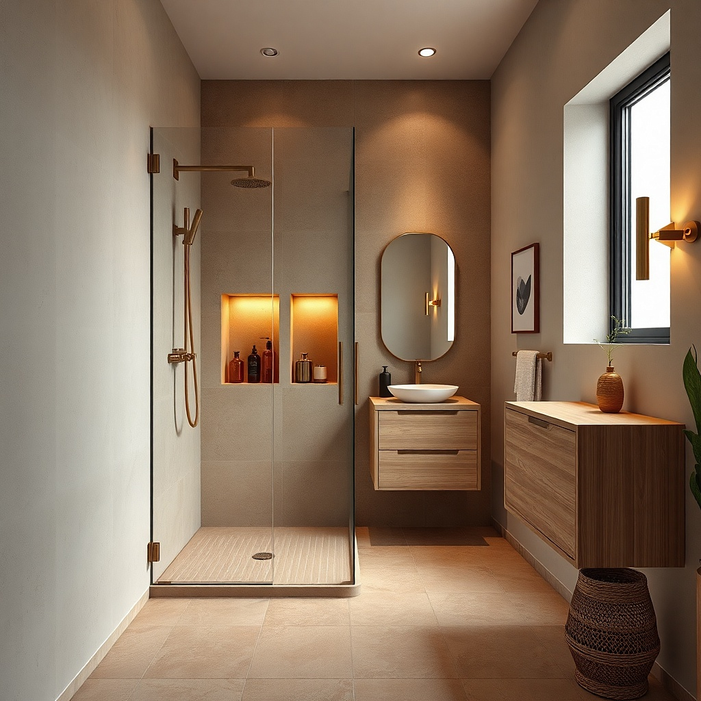 Corner shower with sliding glass panels and white tile walls