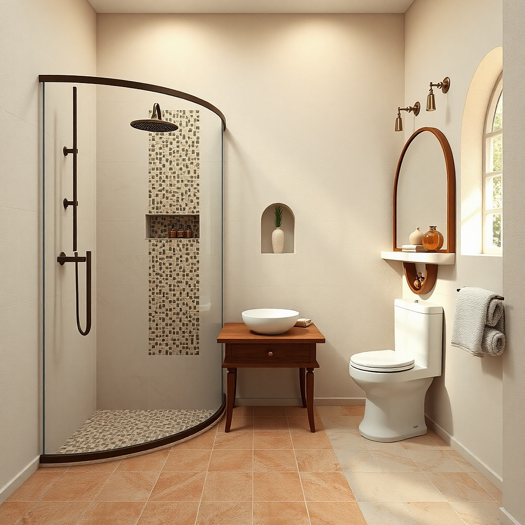 Corner shower with curved bench and small niches in tiled wall