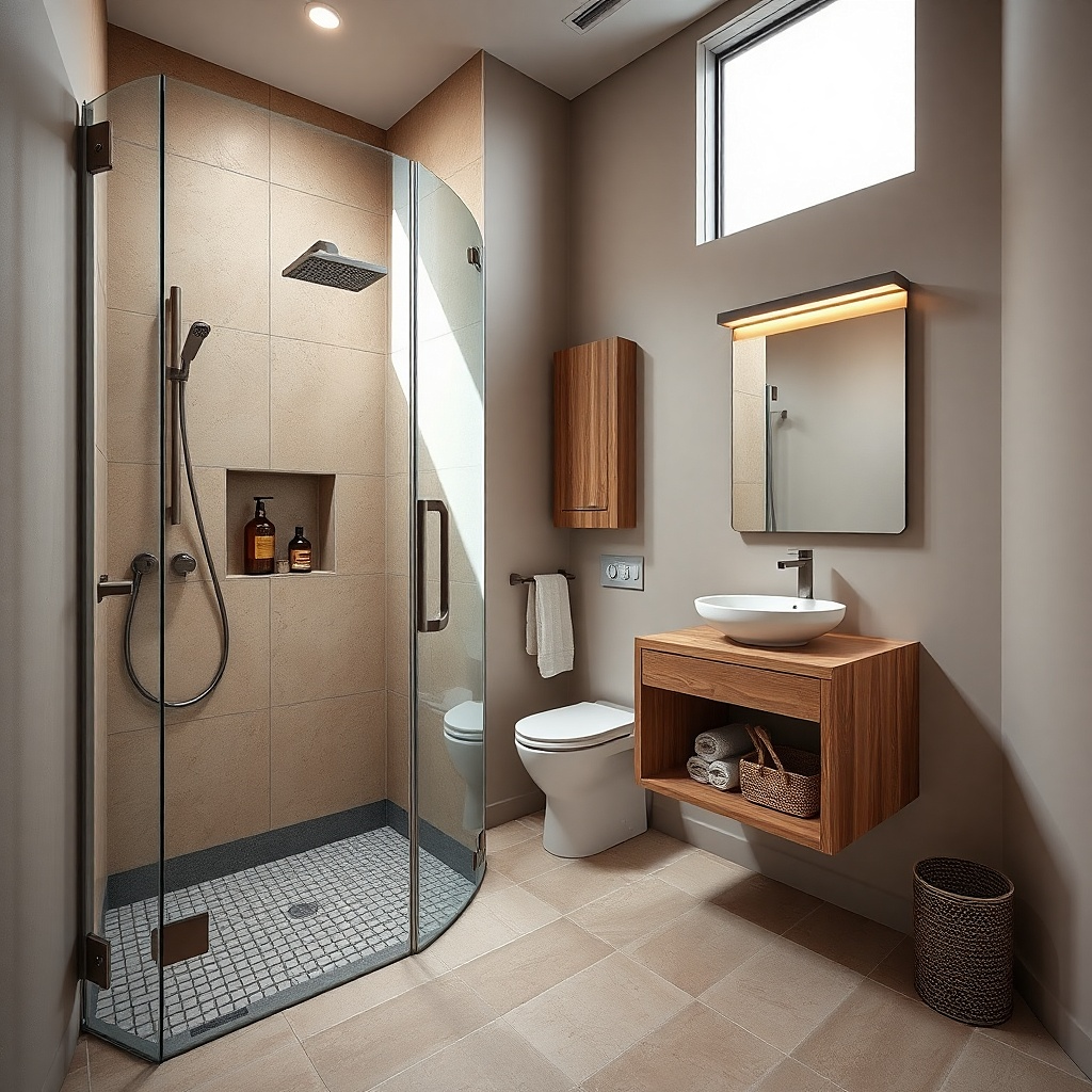 Corner shower with linear drain and smooth light tile walls