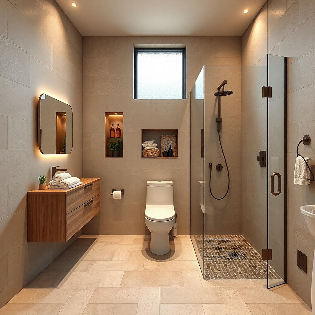 Corner shower with tile-to-ceiling color block and slim glass door