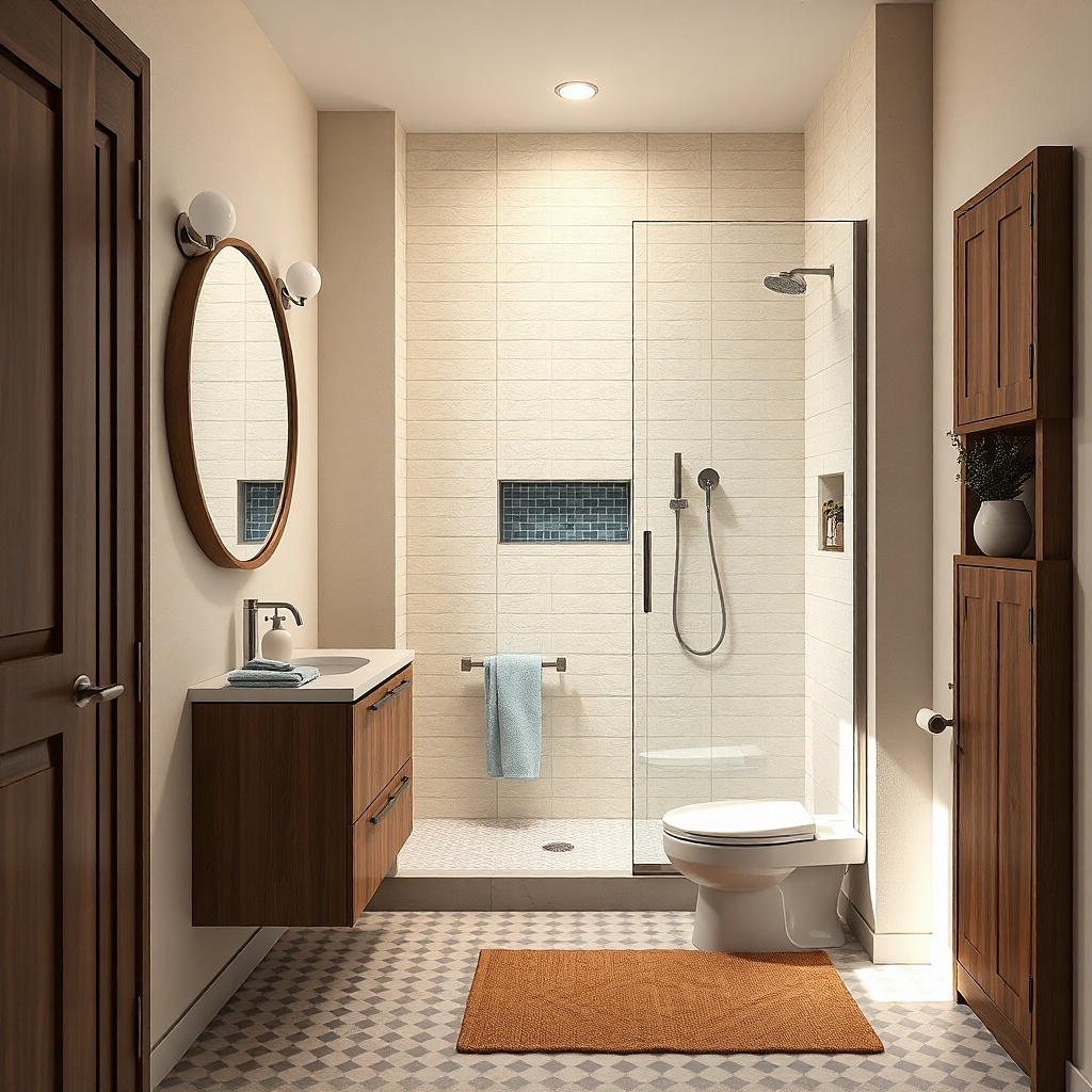 Corner shower with patterned floor tile and solid white wall tile